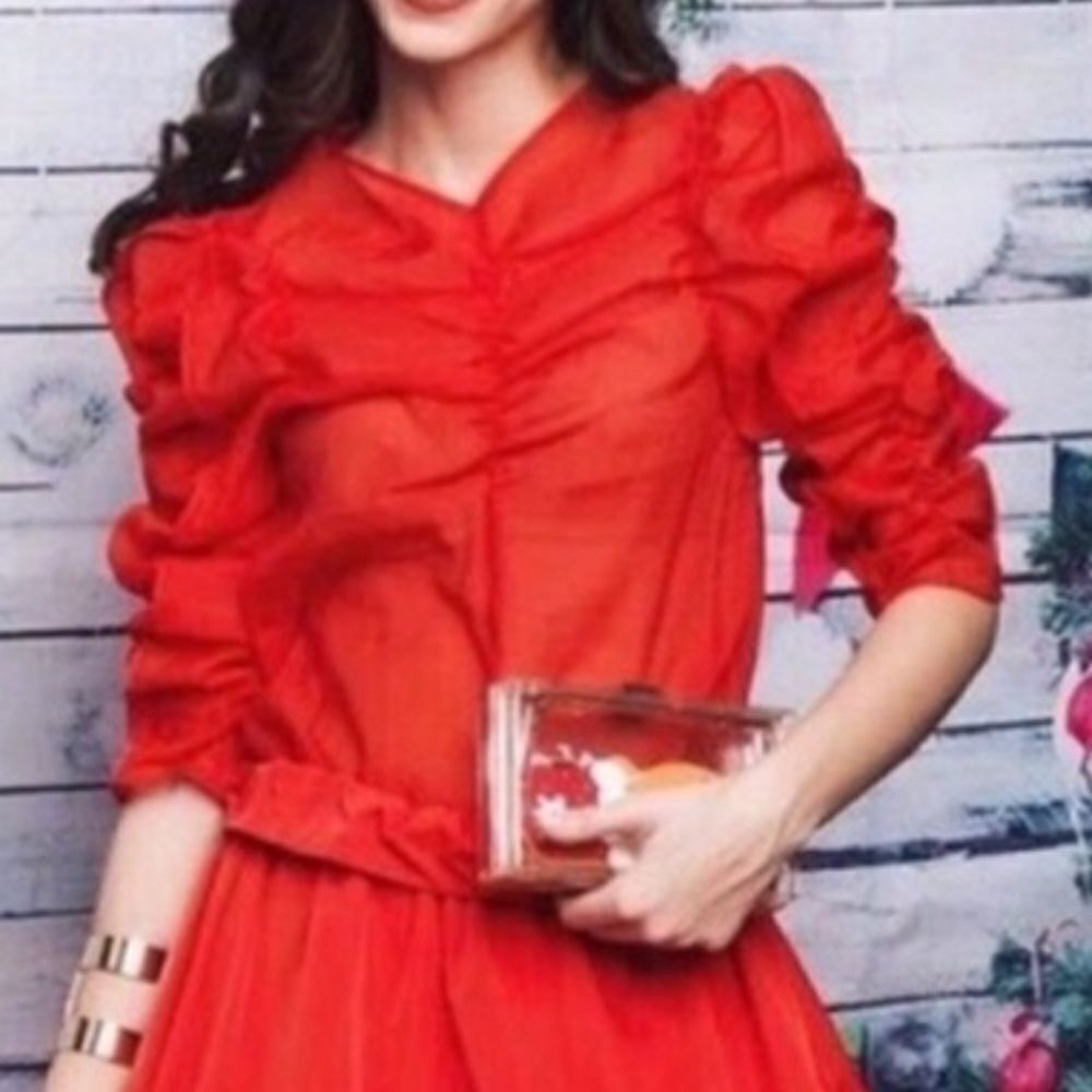 H&M Georgette V-Neck Sheer Blouse (Bright Red) - 12
